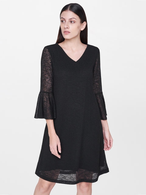 

AND Women Black Self Design Semi-Sheer A-Line Dress