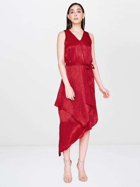 

AND Women Maroon Solid Fit and Flare Asymmetric Hem Dress