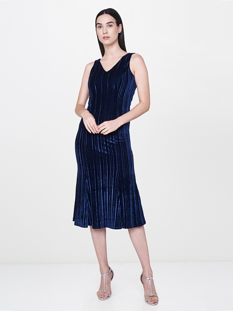 

AND Women Blue Solid A-Line Pleated Dress