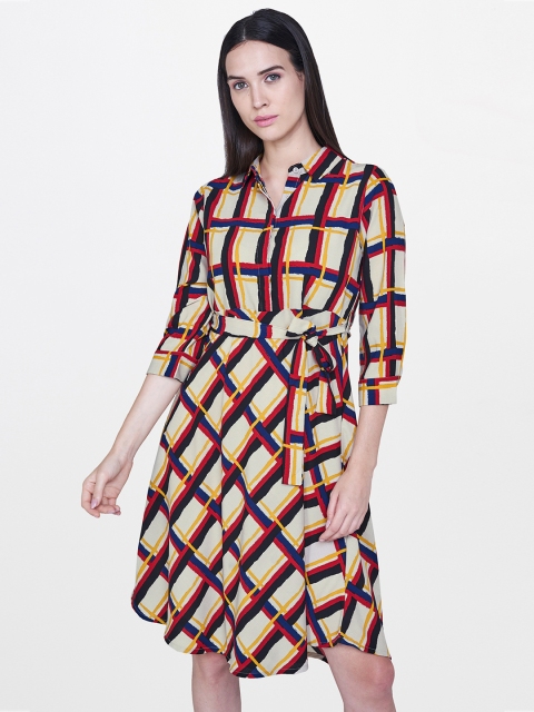 

AND Women Beige & Black Checked Fit and Flare Dress