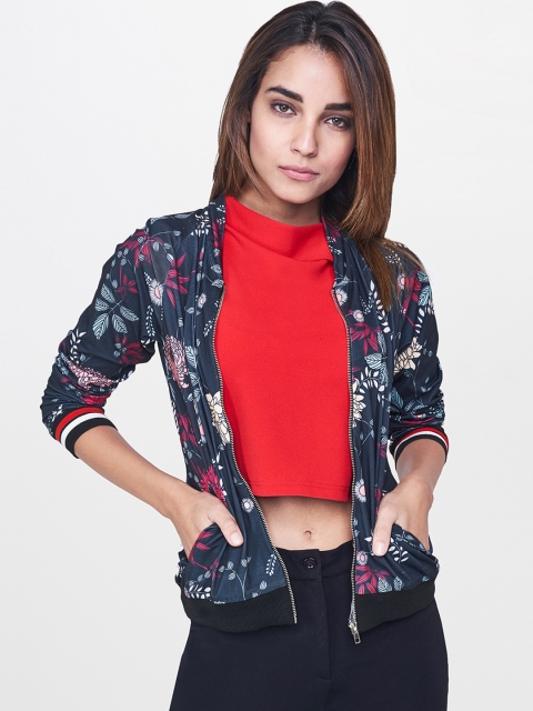 

AND Women Grey & Turquoise Blue Printed Bomber Jacket