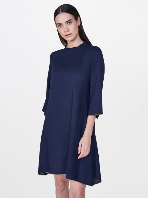 

AND Women Navy Blue Solid A-Line Dress