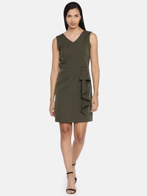 

AND Women Olive Green Solid Sheath Dress