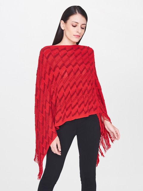 

AND Women Red Self Design Poncho Sweater
