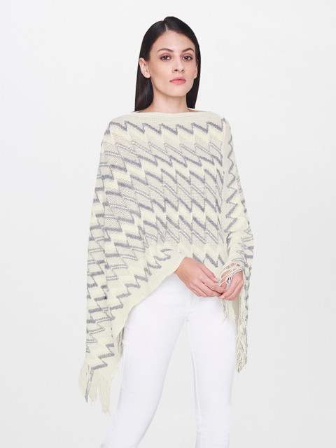 

AND Women Off-White & Grey Self Design Poncho Sweater