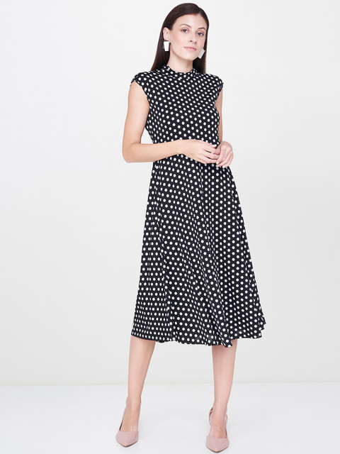 

AND Women Black Polka Dot Print Fit and Flare Dress