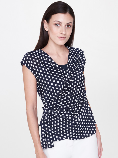 

AND Women Navy Blue Polka Dot Printed Wrap Top