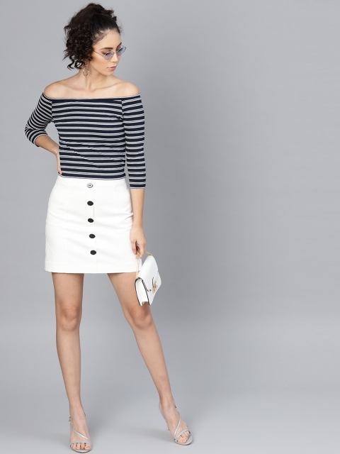 

SASSAFRAS Women Navy Blue & White Striped Bardot Top