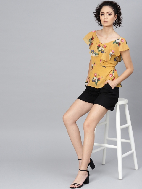 

SASSAFRAS Women Mustard Yellow Printed A-Line Top