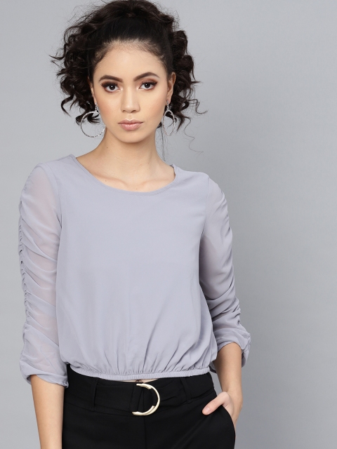 

SASSAFRAS Women Grey Solid Blouson Top