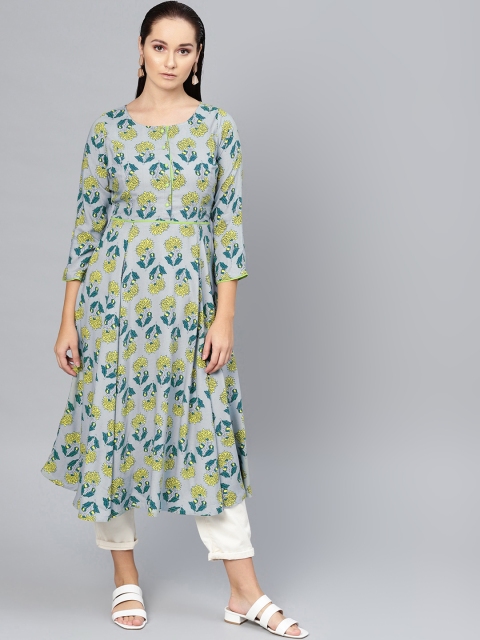 

SASSAFRAS Women Blue & Yellow Printed Anarkali Kurta