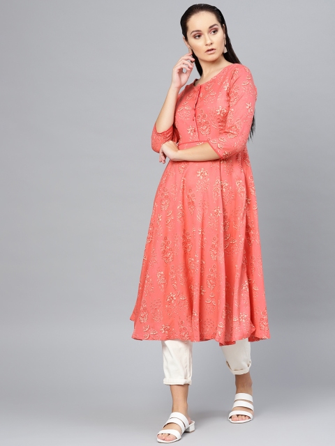 

SASSAFRAS Women Coral Pink Floral Print Anarkali Kurta