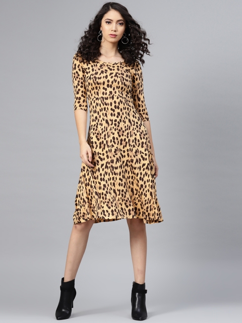 

SASSAFRAS Women Beige & Coffee Brown Leopard Print A-Line Dress