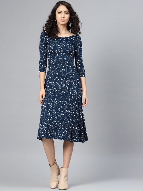 

SASSAFRAS Women Navy Blue & White Floral Print A-Line Dress