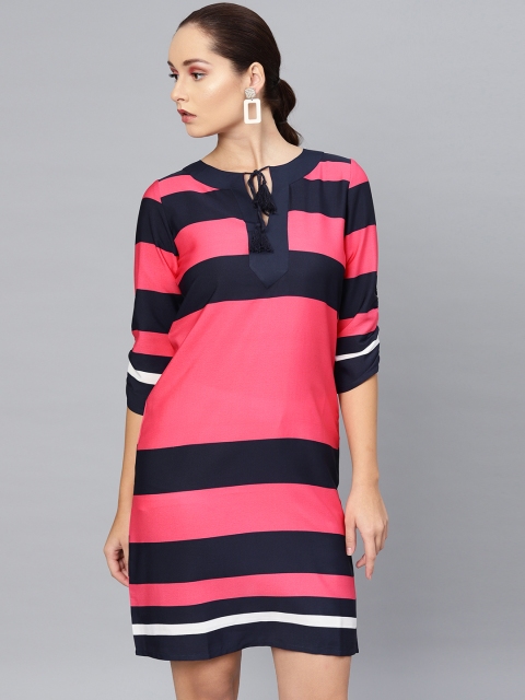 

SASSAFRAS Women Pink & Navy Blue Striped Shift Dress