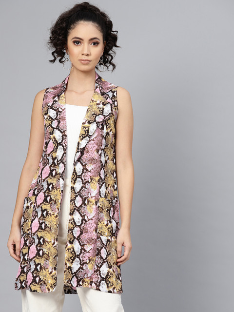 

SASSAFRAS Women Pink & Brown Snakeskin Printed Open Front Shrug