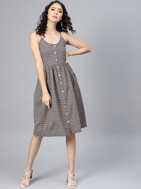

SASSAFRAS Women Grey & Yellow Polka Dot Print A-Line Dress