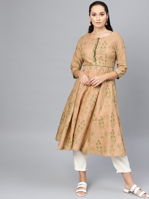 

SASSAFRAS Women Beige & Olive Green Floral Print Anarkali Kurta
