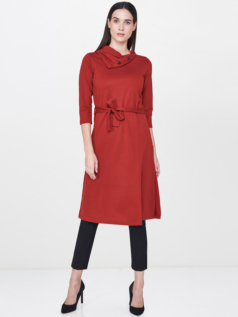 

AND Women Rust Red Solid Tunic With Tie-Up Details
