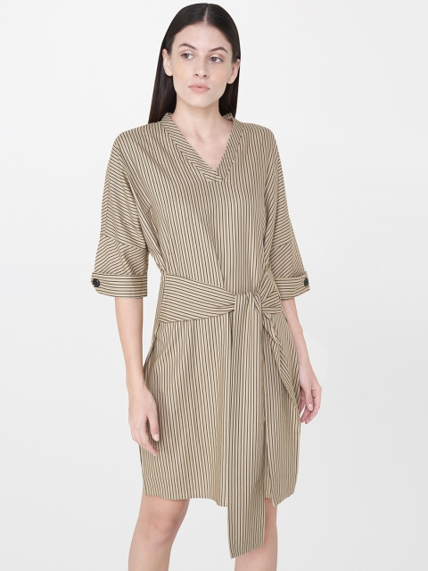 

AND Women Beige & Black Striped A-Line Dress