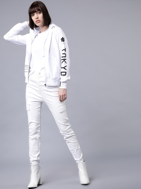 

Tokyo Talkies Women White & Black Printed Hooded Sweatshirt