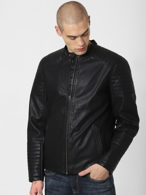 

Jack & Jones Men Black Self Design Biker Jacket