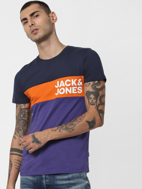 

Jack Jones Men Purple Navy Blue Colourblocked Round Neck Pure Cotton T-shirt
