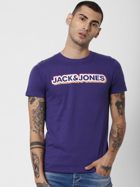 

Jack Jones Men Purple Printed Round Neck Pure Cotton T-shirt