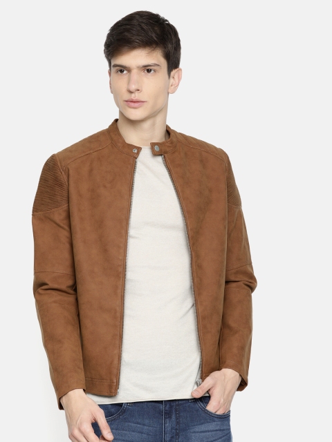 

Jack & Jones Men Camel Brown Solid Biker Jacket