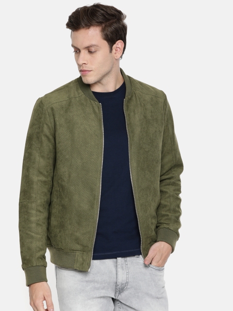 

Jack & Jones Men Olive Green Solid Bomber Jacket