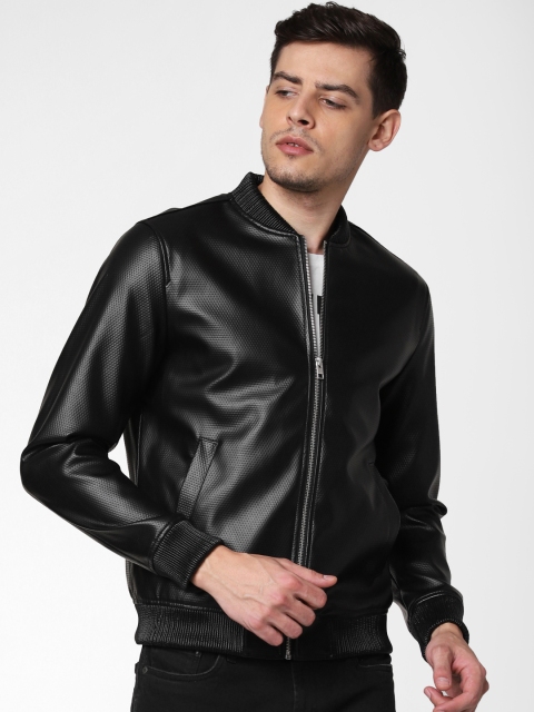 

Jack & Jones Men Black Solid Textured Bomber