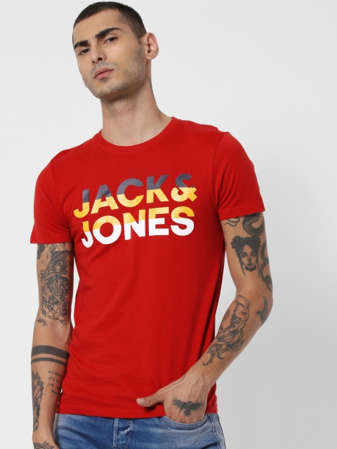 

Jack Jones Men Red Printed Round Neck Pure Cotton T-shirt