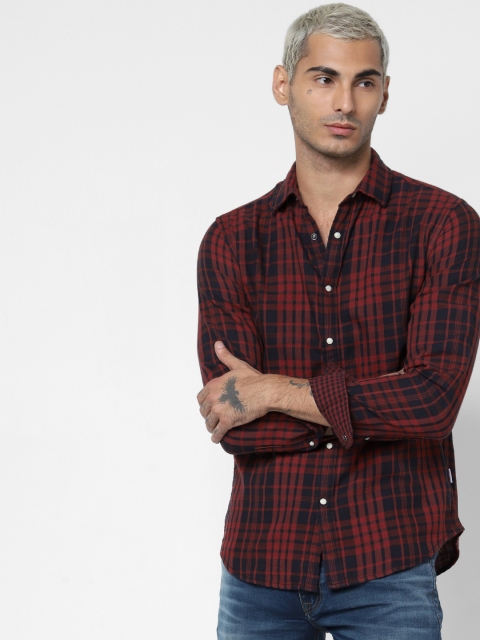 

Jack & Jones Men Navy Blue & Rust Orange Slim Fit Checked Casual Shirt