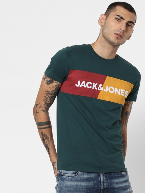 

Jack Jones Men Teal Green Printed Slim Fit Round Neck Pure Cotton T-shirt