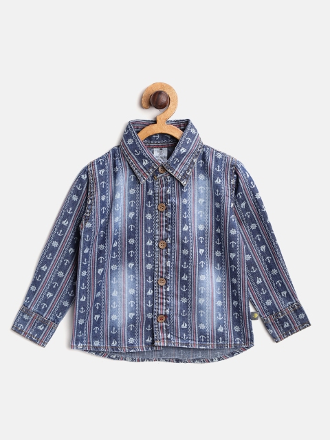 

BRATS AND DOLLS Boys Navy Printed Washed Denim Shirt, Navy blue