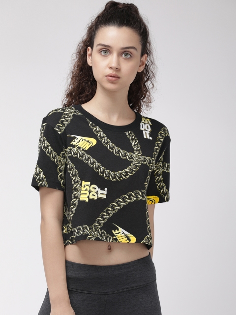 

Nike Women Black & Yellow Printed GLAM DUNK CROP Regular Top