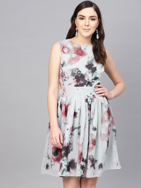 

I AM FOR YOU Women Grey & Green Floral Print Fit & Flare Dress
