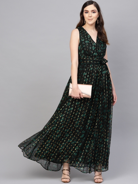 

I AM FOR YOU Women Black & Green Printed Maxi Dress