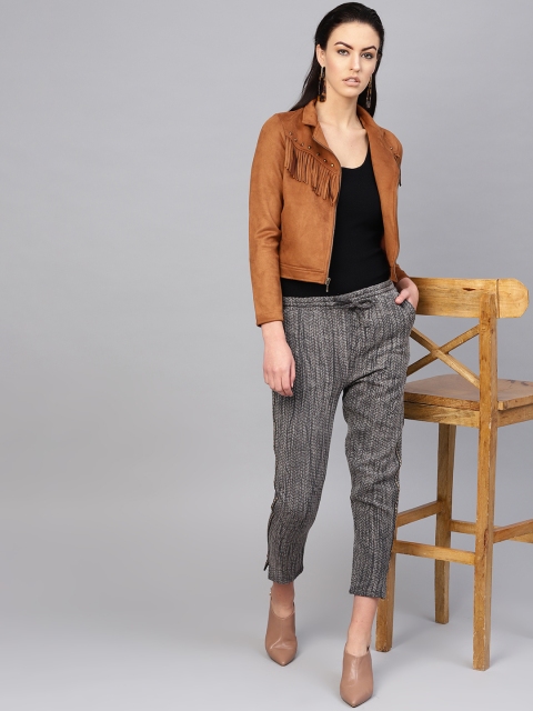 

I AM FOR YOU Women Grey Jacquard Self Design Cropped Regular Trousers
