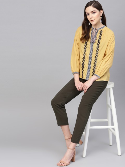 

I AM FOR YOU Women Yellow Embroidered Top