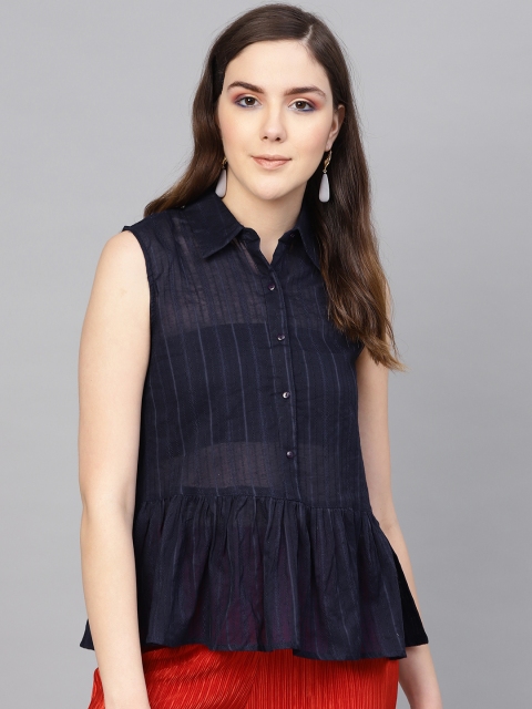 

I AM FOR YOU Women Navy Blue Self-Striped Peplum Top