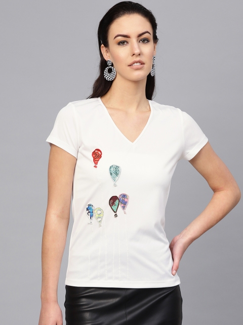 

I AM FOR YOU Women White Applique Detail V-Neck T-shirt