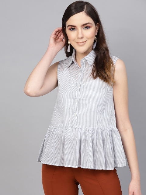 

I AM FOR YOU Women Blue & White Striped Semi-Sheer Shirt Style Top
