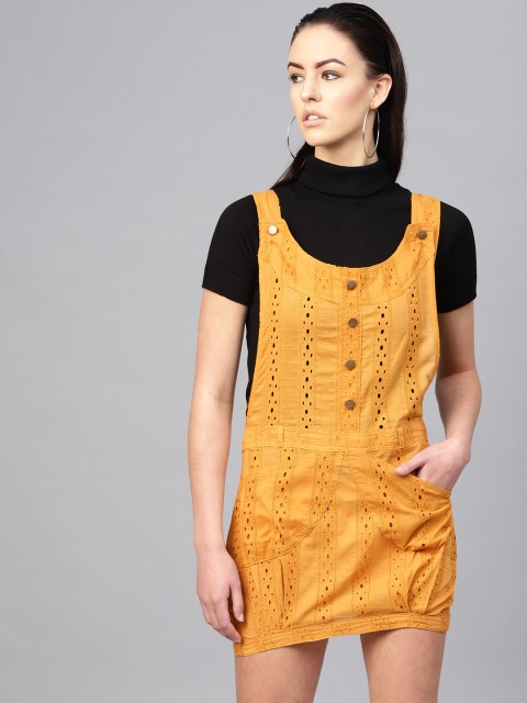 

I AM FOR YOU Women Mustard Yellow Schiffli Embroidered Pinafore Dress