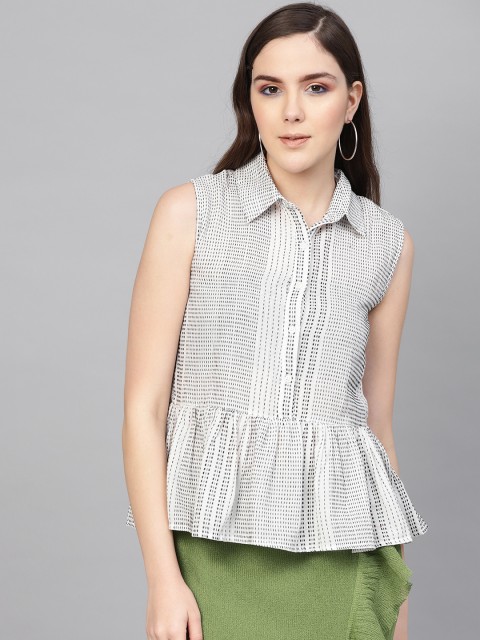 

I AM FOR YOU Women Off-White & Black Self-Striped Shirt Style Top