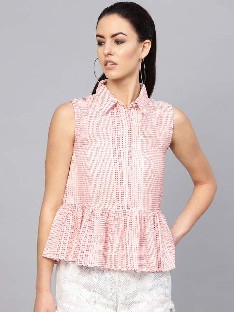 

I AM FOR YOU Women White & Red Self-Striped Shirt Style Top