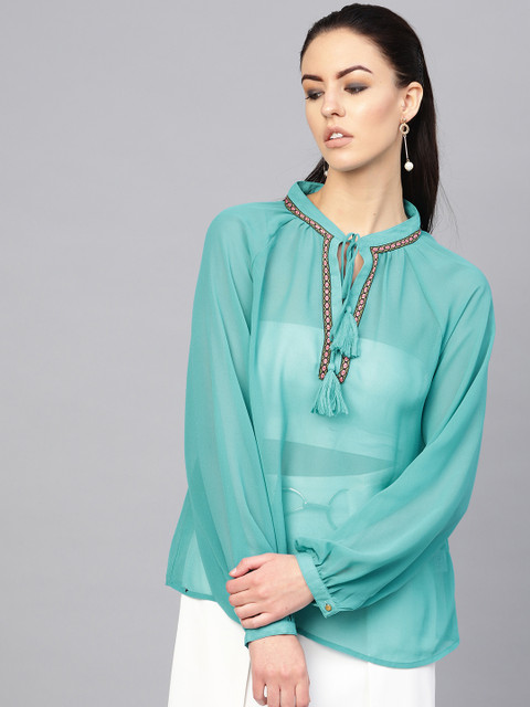 

I AM FOR YOU Women Blue Sheer Solid Top