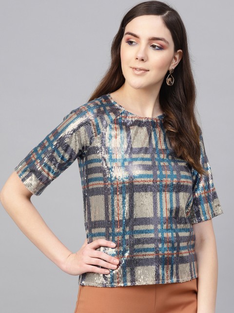 

I AM FOR YOU Women Golden & Blue Sequinned Checked Top, Gold
