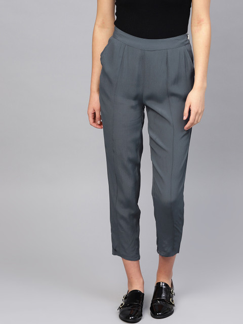 

I AM FOR YOU Women Grey Relaxed Straight Leg Fit Solid Cropped Regular Trousers