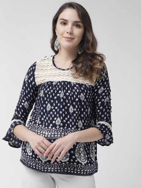 

Rue Collection Women Navy Blue & White Printed Top